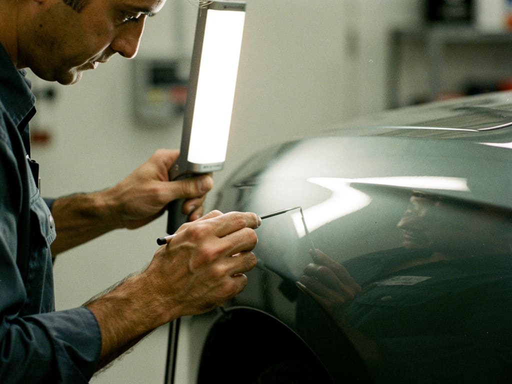 Artigiano della carrozzeria che controlla un pannello auto con luce da officina
