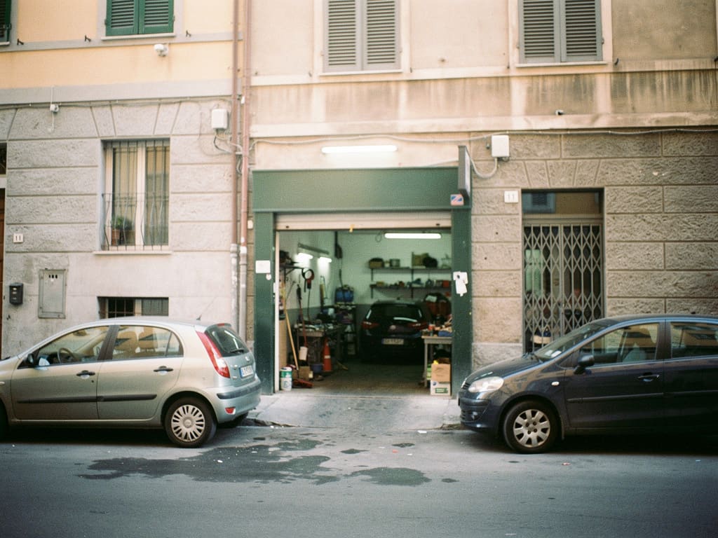 Zona urbana di Genova con auto parcheggiate vicino a un’officina